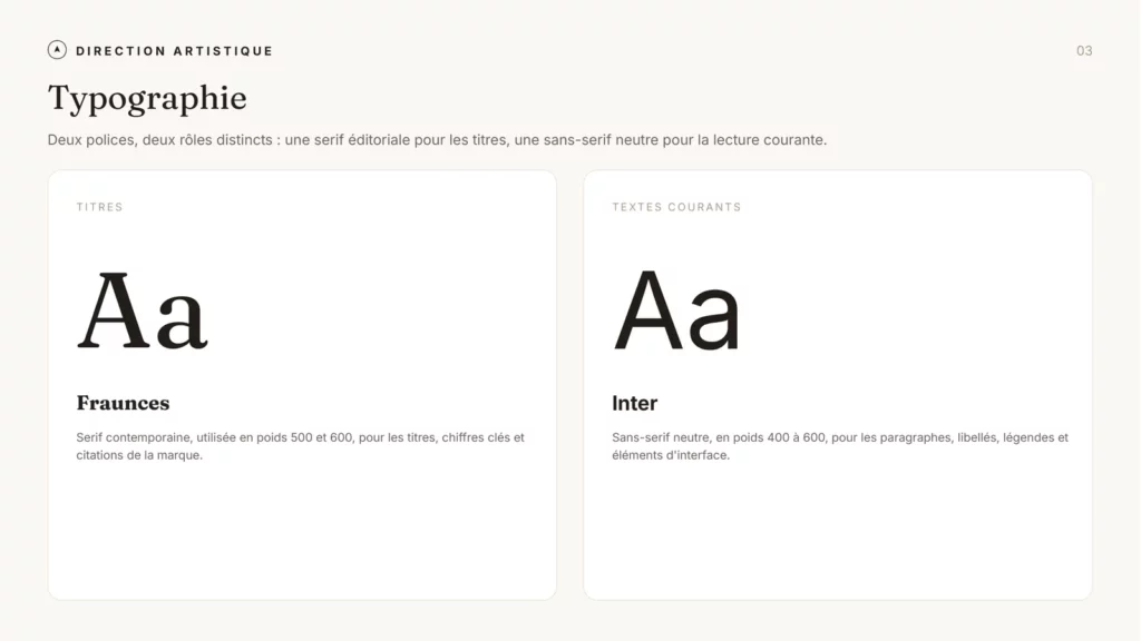 Direction artistique AUREA — typographies Fraunces et Inter
